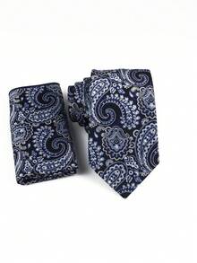 ZLQ&GOU 2pcs/Set 6 Styles Cashew Flower Men's Necktie Set, Including Necktie & Handkerchief, Blue Paisley Jacquard Men's Tie & Pocket Square, Suitable For Formal Wear