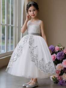 Vestido de princesa para niñas, vestido de fiesta con decoración de lentejuelas sin mangas, vestido largo de tul, vestido para recital de piano, vestido de princesa - Blanco - Ver 1