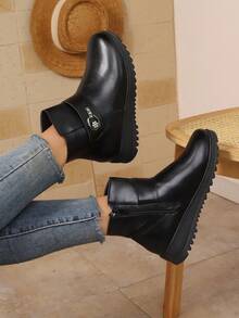 秋冬季保暖内衬踝靴，防滑妈妈鞋平底中跟短筒保暖黑色靴子 - 黑色 - 查看 6