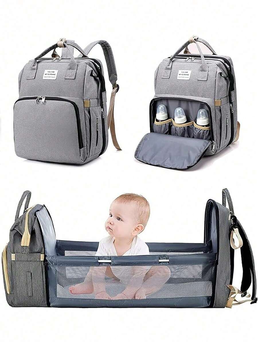 mochila con cambiador de pañales para bebé, mochila multifuncional de gran capacidad, mochila de viaje con estación de cambio plegable - Gris Claro - Ver 1