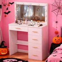 [Halloween Decorations]Vanity Desk Makeup Table Large Mirror W/ 3 Light Modes Compact Dressing Table-Touch Control Mirror, Ideal For Organizing Makeup, Skincare. Compact Vanity Furniture Fits Bedroom, Serves As Decor, Gift, Perfect Gift For Women - White - View 4