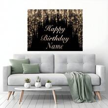 Banner có thể tùy chỉnh tên và chủ đề sinh nhật, nền đen vàng, thiết kế đính đá lấp lánh bạc, lý tưởng cho phông nền bàn bánh sinh nhật, đạo cụ chụp ảnh. - Vàng xám - Xem 9
