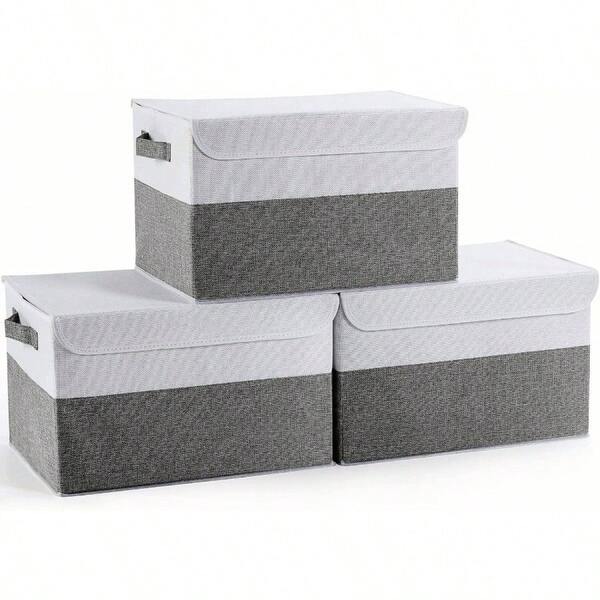 3 Pack Foldable Storage Box With Lids And Handles, L38x W25x H25, Linen Organizers, Clothes Organizers Basket, Capacity 24 L Gray+ White