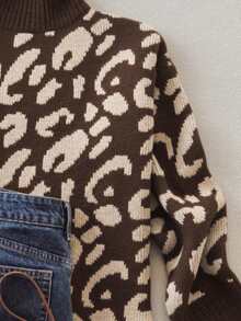 女士针织豹纹圆领长袖套头衫，简约经典休闲风格，适合日常穿着，秋冬季女装 - 巧克力棕 - 查看 3
