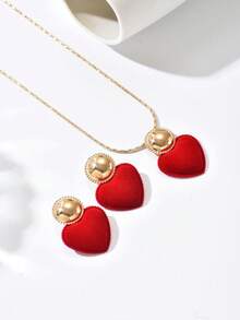 Bộ 2 dây chuyền + bông tai sáng tạo thời trang thu đông dành cho nữ, thiết kế mặt dây chuyền hình trái tim đỏ nhung thanh lịch và hình học đen trơn tròn, phù hợp cho các dịp hàng ngày, tiệc tùng, ngày lễ, năm mới, ngày lễ tình nhân, quà tặng ngày của mẹ - Đỏ - Xem 4