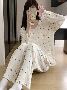 2 piezas Conjunto de pijamas holgados con estampado floral de albaricoque para mujer, adecuado para uso en casa, pijama de mujer de manga larga, adecuado para primavera, otoño e invierno - Albaricoque - Ver 3