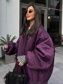 女式紫色飞行员夹克，前拉链口袋，长袖休闲保暖外套，适合秋冬 - 紫色 - 查看 4