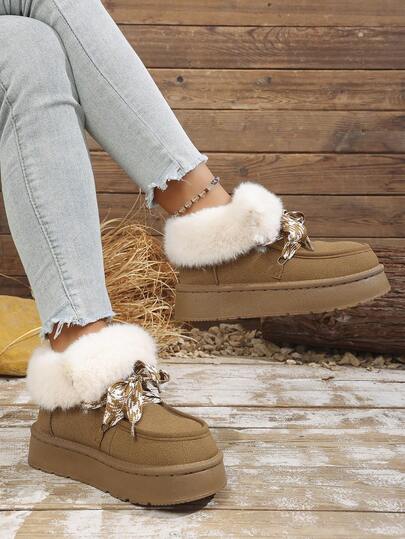 Women's Thick Sole Faux Fur Lined Snow Boots, Warm Short Shaft Furry Lined Winter Ankle Boots