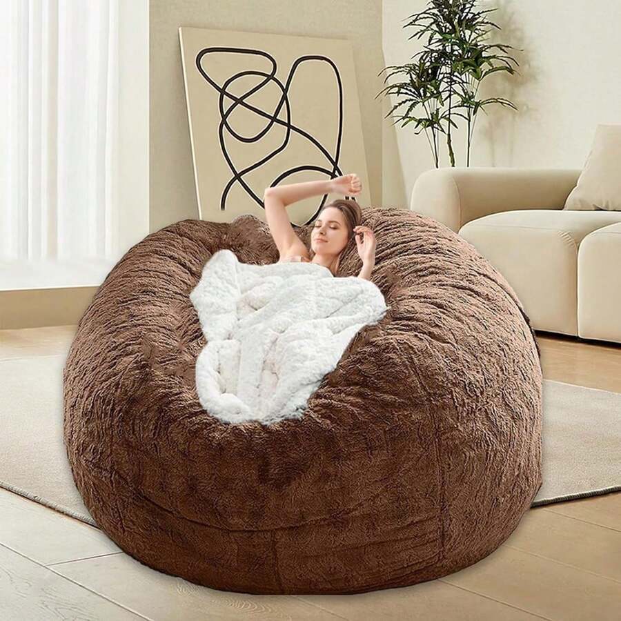 Bean Bag Chair Cover(No Filler) Soft Faux Fur Stuffed Animal Bean Bag Storage, Fluffy Plush Bean Bag Chair Cover Washable, Comfy Bean Bag Chairs For Adults - 棕色 - 查看 1