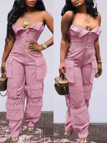 Solid Color Pocket Design Fashion Jumpsuit - 藕粉色 - 查看 10