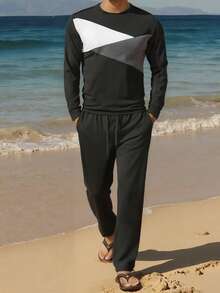 2pcs/Set Men Contrast Color Block Knit T-Shirt Set, Minimalist Sporty Style Long Sleeve Top + Casual Pants, Suitable For Daily Wear & Leisure Outings, Fall Clothes