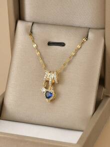1 chiếc vòng cổ thép không gỉ hình học Cubic Zirconia thời trang dành cho nữ, thích hợp để đeo hàng ngày, có hình sao biển, vỏ sò, dấu chân, hoa 8 cánh, bướm, hoa sen, ngôi sao 8 cánh, hoa hướng dương, huy hiệu tiền xu, trang sức tông vàng, vòng cổ mạ vàng chất lượng cao, phụ kiện vàng dành cho nữ, quà tặng Halloween, quà tặng Giáng sinh - trái tim tình yêu màu xanh - Xem 1