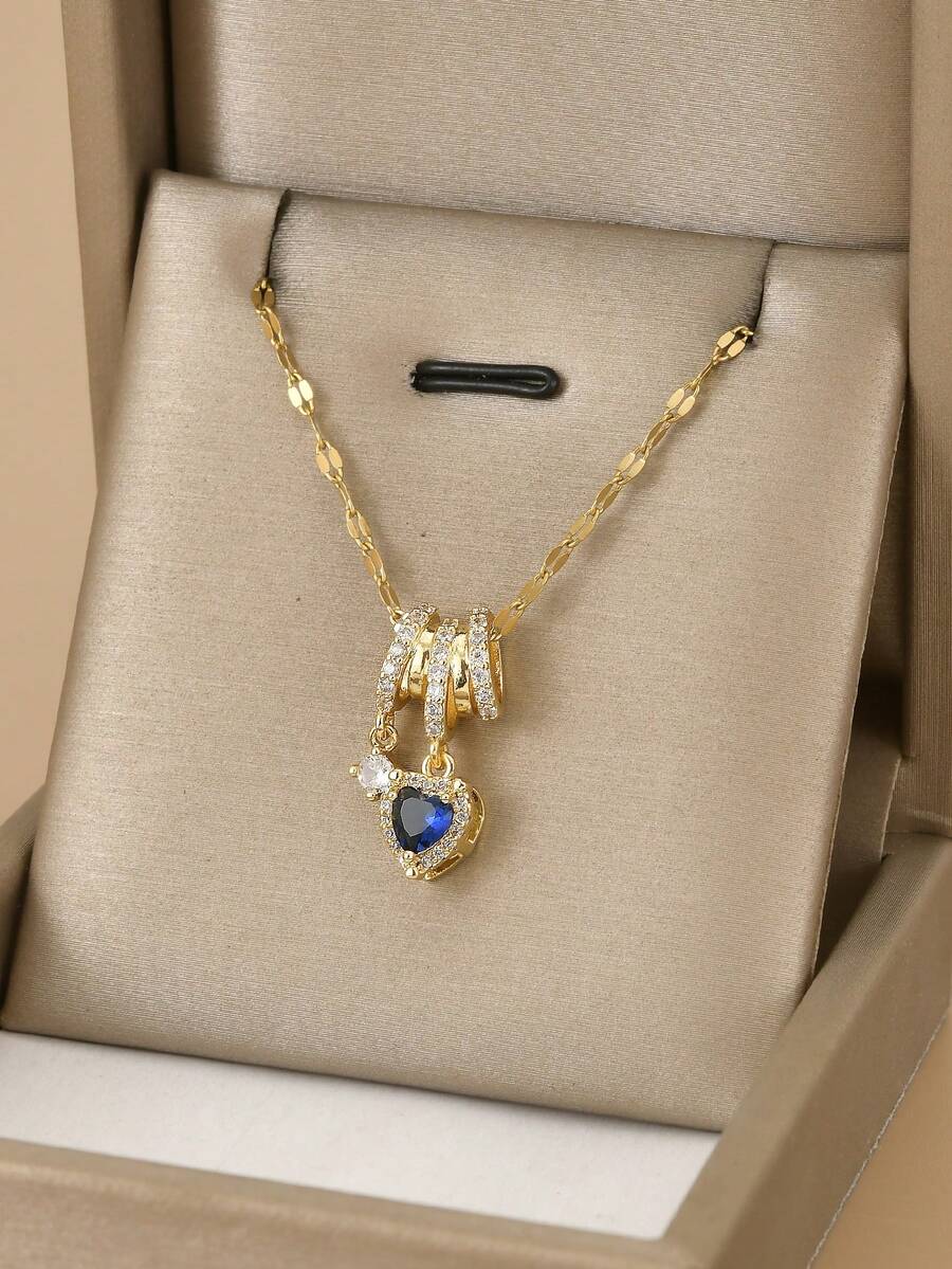 1 chiếc vòng cổ thép không gỉ hình học Cubic Zirconia thời trang dành cho nữ, thích hợp để đeo hàng ngày, có hình sao biển, vỏ sò, dấu chân, hoa 8 cánh, bướm, hoa sen, ngôi sao 8 cánh, hoa hướng dương, huy hiệu tiền xu, trang sức tông vàng, vòng cổ mạ vàng chất lượng cao, phụ kiện vàng dành cho nữ, quà tặng Halloween, quà tặng Giáng sinh - trái tim tình yêu màu xanh - Xem 1