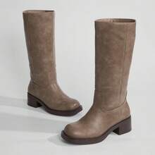 Athlefit Women's Knee-High Boots With Square Toe, Wide Calf, Slip-On Design, Chunky Low Heel Riding Boots - Màu nâu nhạt - Xem 6