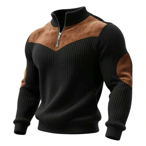 Men's Stand Collar Pullover Sweatshirt, Warm Half-Zip Patchwork Ribbed Vintage Streetwear Hoodie, Autumn/Winter
