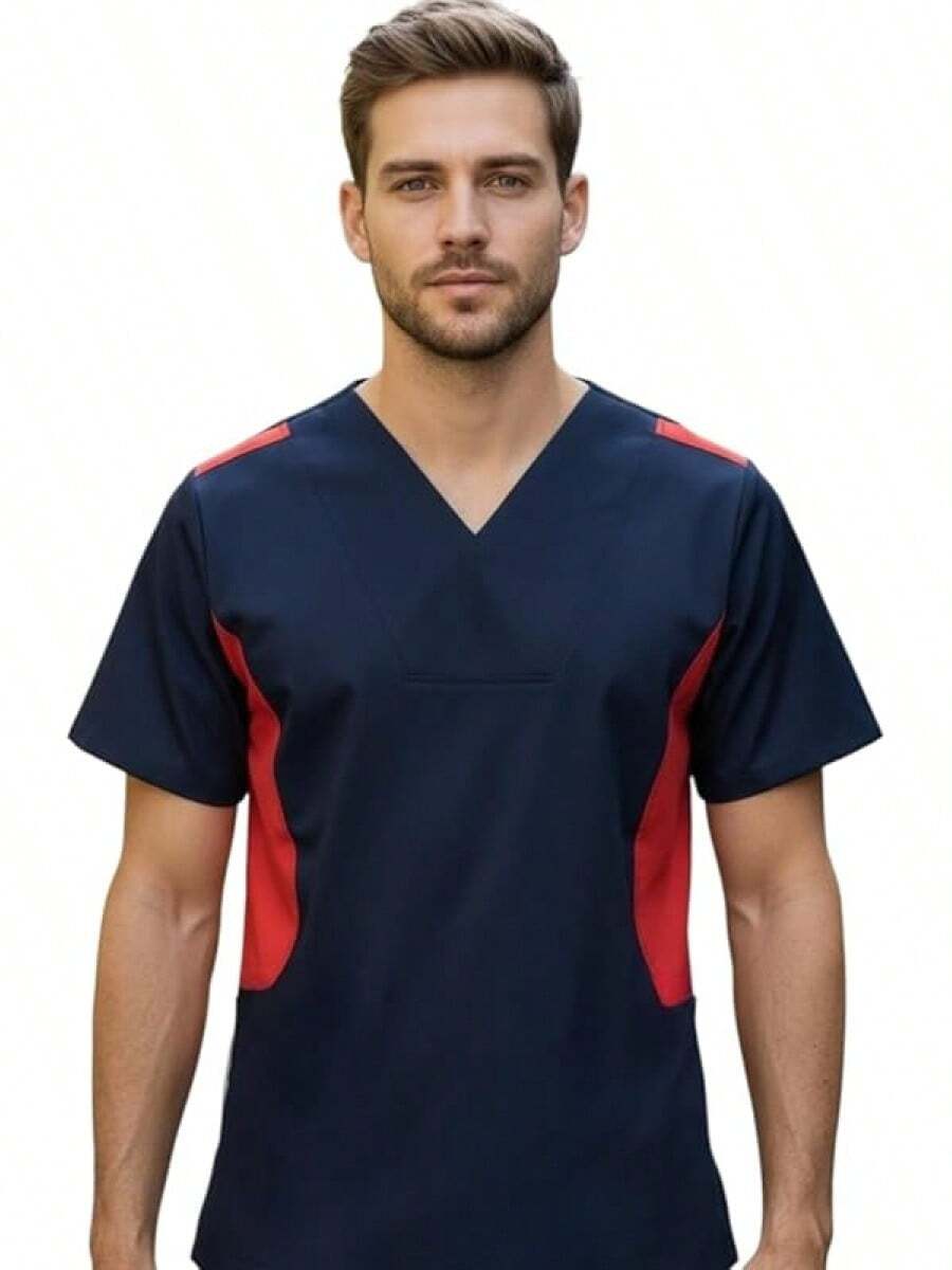 SOULMATE Men's Medical Scrub Top With Side Color Highlight - White - View 1