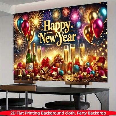 1 st 2D platt, färgglad gott nytt år bakgrund dörrkarm - tillverkad av polyestertyg, med fyrverkerier, ballonger, champagne, perfekt för nyårsfester, globala firanden, helgdagsfiranden, hem-, rums- eller väggdekorationer, fotobakgrunder och festliga dekorationer inomhus och utomhus