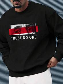 (250g  Men's Round Neck Sweatshirt)  Trust No One  Red Eyes Pattern Printed Casual Pullover With Street Style, Suitable For Outdoor Wear In Autumn And Winter - 黑色 - 查看 2