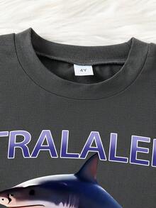 Kleinkind Cartoon Hai Muster Kurzarm T-Shirt und Shorts Set - Dunkelgrau - Übersicht 3