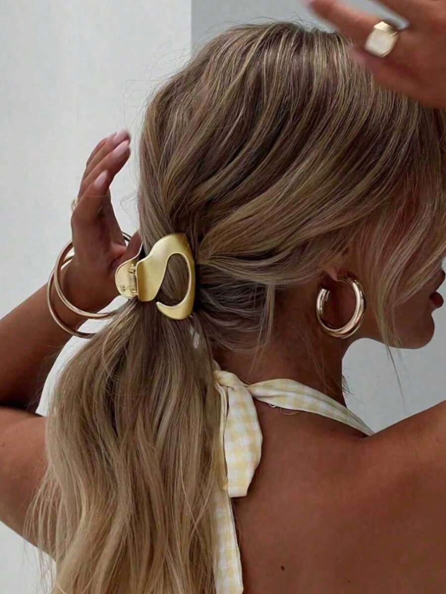 1 pieza/Set Pinza de pelo de metal asimétrica, Pinza de pelo de metal para cola de caballo alta atmosférica de mujer, Accesorio de pelo con garra de moda para moño