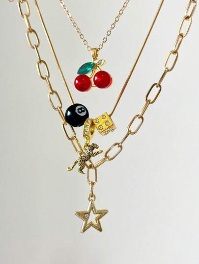 3pcs Leopard & Cherry Necklace Set, 8-Ball Billiard Dice Charm Necklace, Red Cherry Necklace, Fashionable Star Necklace, Classic Leopard Necklace