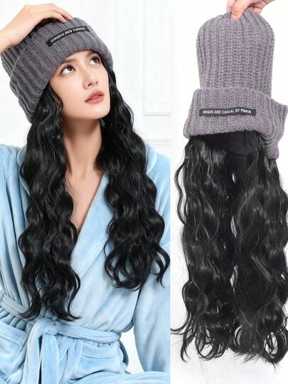 طاقية ذات شعر طويل مجعد اصطناعي، طاقية بيريه مصنوعة من الصوف بلون أزرق رمادي لموسم الخريف والشتاء، طاقية شعر إكسسوارات للنساء