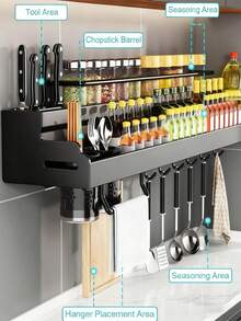 StyleTribe Estante para condimentos de doble capa, Estante de almacenamiento para especias de cocina montado en la pared, para montaje en pared, con gancho para utensilios de cocina, fácil de montar, ahorra espacio, con barra para toallas, 8 ganchos, 4 ranuras para cuchillos, 2 soportes para palillosapto para cocinas, negro - Negro - Ver 3