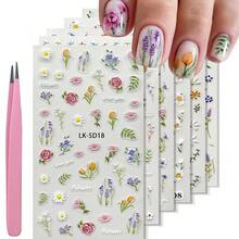 Flower Nail Stickers For Nail Art 5D Embossed Nails Decals Self Adhesive Spring Summer Floral Nails Decoration For Women 3D Design Colorful Flower Daisy Lavender Supplies{Inchcolor_nameinch:InchColorful-09inch} - 多彩-09 - 查看 1