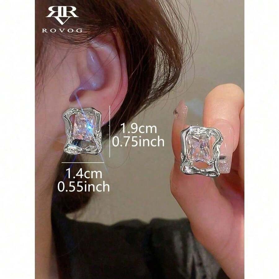 1 par de nuevos pendientes de botón de moda diaria de alta gama con decoración de pequeños rhinestones para mujeres - Plateado - Ver 1