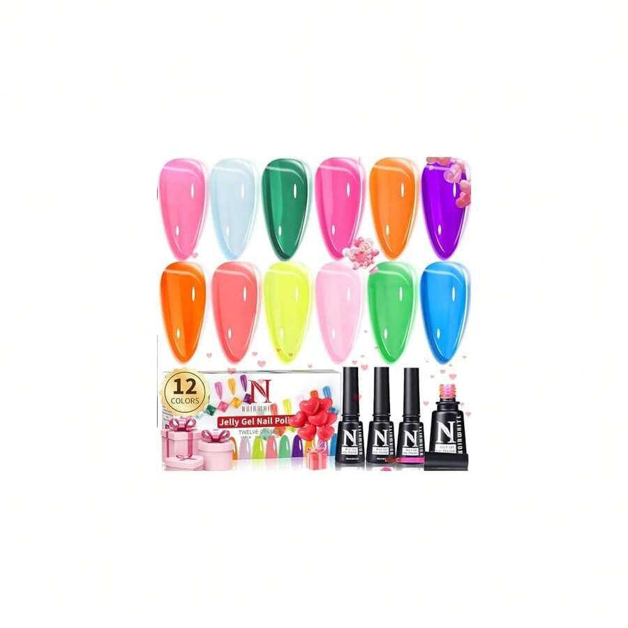 Jelly Gel Nail Polish, 12 Pcs Glossy Colors Transparent Nail Polish Set Nude Pink Purple Green Blue Yellow Colors Jelly Nail Polish Kit UV LED Soak Off Home DIY Nail Art Salon{Inchcolor_nameinch:InchJellyGelNailPolishSet-12Colorsinch} - 果凍凝膠指甲油套裝-12色 - 查看 1