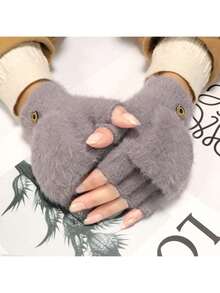 1 par de guantes de gato de punto de invierno, convertibles para clima frío, guantes sin dedos, guantes con solapa, adecuados para damas y niñas