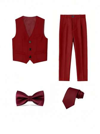 Completo da ragazzo 4 pezzi, taglio slim, abito elegante per bambini, set da cerimonia (pantaloni, gilet, cravatta e papillon) per matrimoni, per bambini in età prepuberale