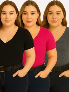 Kit With 3 Basic Women's Plus Size V-Neck Blouses - Black/pink/gray - View 1