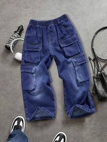 1 pièce Pantalon cargo simple et confortable pour garçons, style de rue décontracté, jeans en denim lavé, nouvelle arrivée pour l'automne/hiver - Jean brut - Voir 2