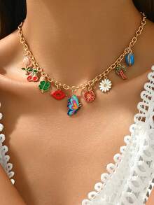 1pc Summer Multi-Element Combination Pendant Necklace, Gold Chain With Cute Butterfly, Flower, Four-Leaf Clover, Cherry, Shell Designs, Fashionable Necklace For Women, Suitable For Daily Wear And Party - Multicolor - View 2