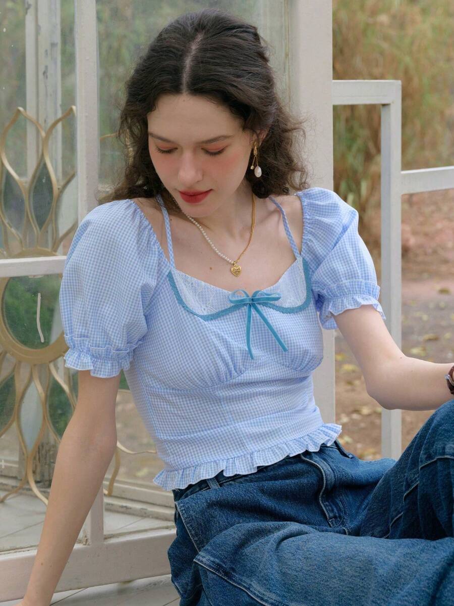 Simple Retro Women's Summer Casual Cute Ruffle Bow Blouse - Blue - View 1