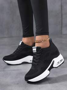 Women's Hidden Wedges Platform Sneakers - High Top Lace Up Black Shoes, Lightweight & Breathable Mesh, Athletic Walking Shoes With High Heel, All-Season Comfort - Black and White - View 2
