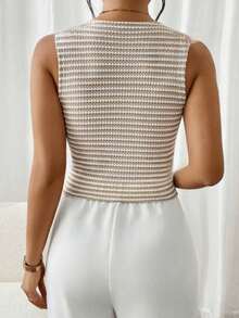 1pc Women's Autumn/Winter Front Button Sleeveless V-Neck Striped Vest Jacket - Apricot - View 5