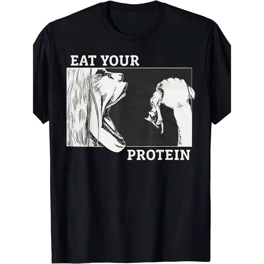 100% Cotton Eat Your Protein, Anime Gym, Pump, Bodybuilding, Fitness T-Shirts |     Funny Short Sleeves Golf Gift T-Shirt For Men And Women Fashion Design Soft Fabric  Loose Hip Hop Street Style Unisex Home Daily Wear - 黑色 - 查看 1