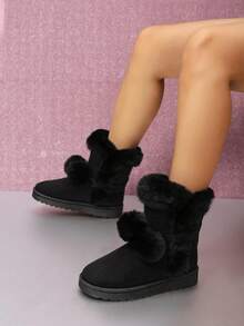 Women's Style Snow Boots, Lace-Up Bow & Pom Pom Decor, Thermal Lined, Warm, Flat, Soft Sole, Anti-Slip, Comfortable Winter Short Boots,Fur Boots