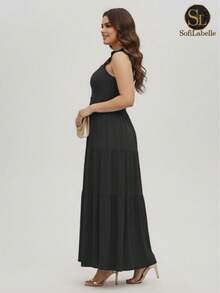 Women's Plus Size Long Dress, Three Marias Style, Elegant Evangelical Fashion, Party Dress, Sleeveless, Strapless, Ruffled, Dune - 黑色 - 查看 5