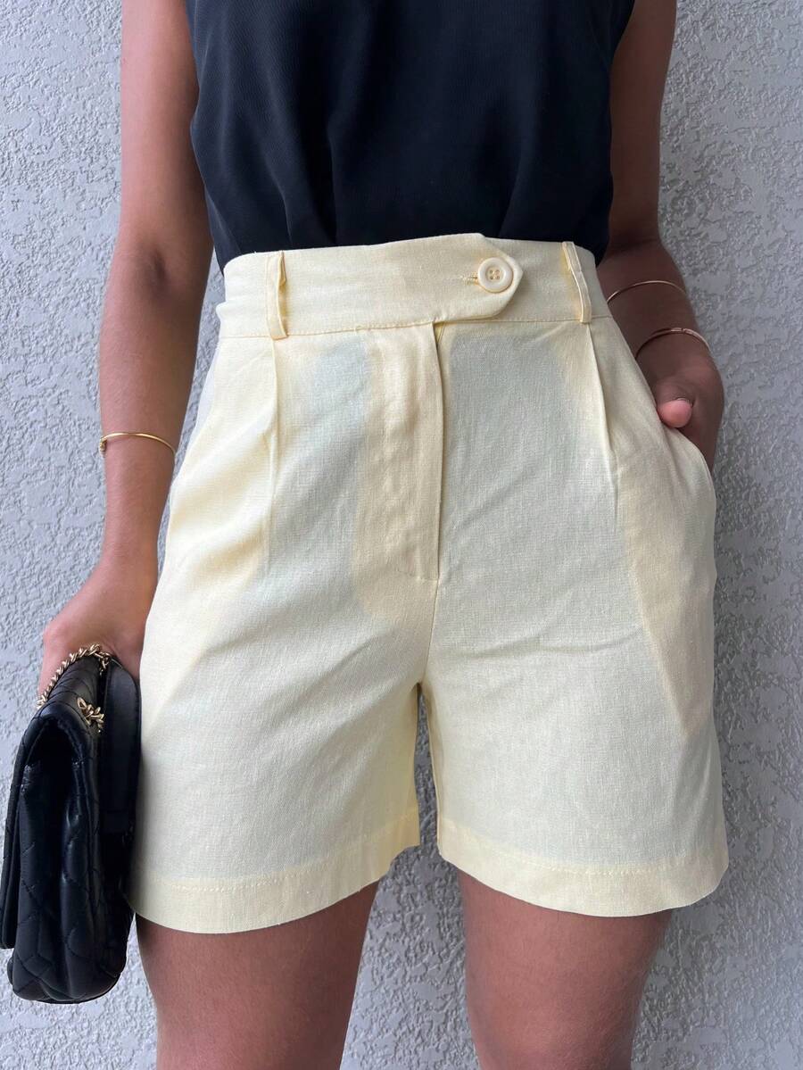 Women's Linen Shorts - Light Yellow - View 1