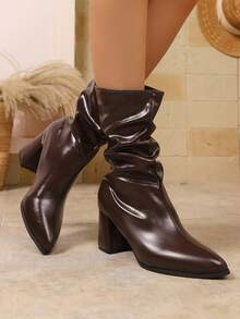 Women's Fashion Pointed Toe Elegant Pleated Winter Dress Boots, Zipper Back, Chunky Heel, Versatile Mid-Calf Boots