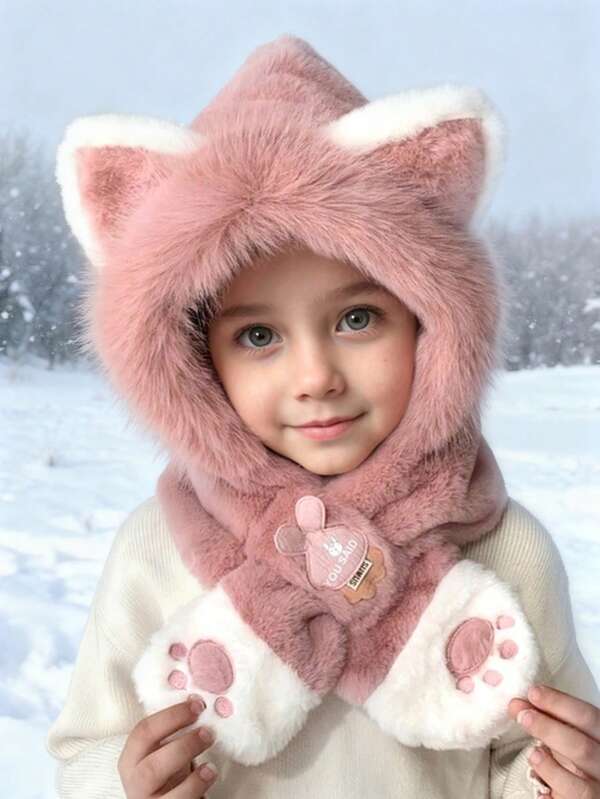 1 pieza Gorro de punto suave y cálido con orejas de gato en unicolor para niñas de 6 a 12 años, adecuado para uso al aire libre y diario, otoño/invierno