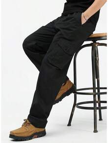 XINTM Men's Cotton Work Pants, Baggy Cargo Pants, Rip-Resistant, Multiple Pockets, Stretch, For Work, Hiking - 黑色 - 查看 5