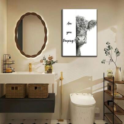 Arte de pared de lienzo de vaca de las tierras "¿Estás cagando?", decoración de baño de animal de granja sin marco de 12x16", póster creativo y humorístico para el hogar, la oficina y el café