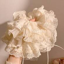High-End White Double-Layer Lace Scrunchie - Korean Gentle Style Hair Elastic, Perfect For Bun & Daily Styling - Beige Pleated Hair Tie - View 3