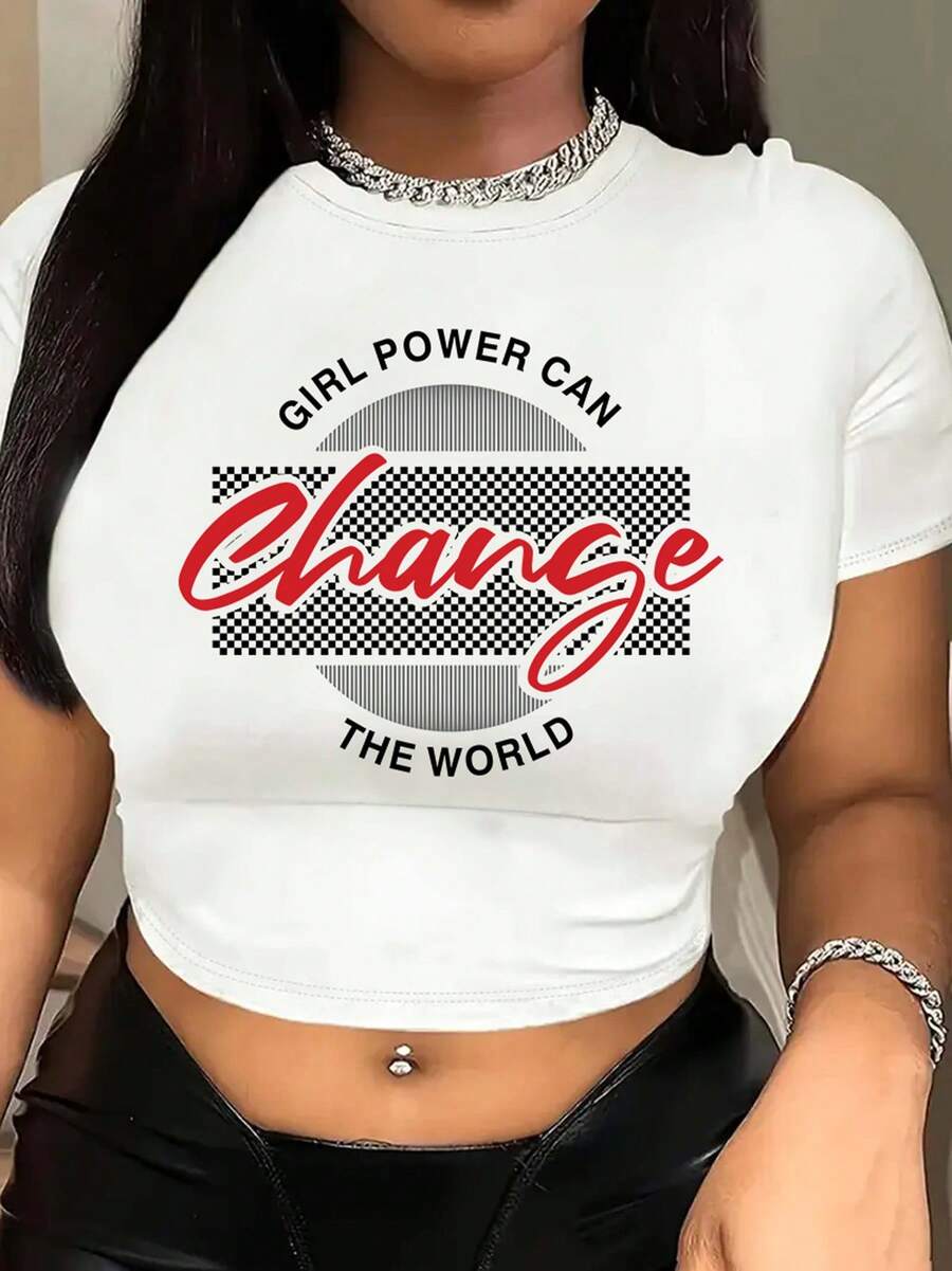 Womens Luck Cotton White Crop Top, Bold Change Red And White Revolution Design, Comfortable Short Sleeve Tee For Casual Wear - trắng - Xem 1