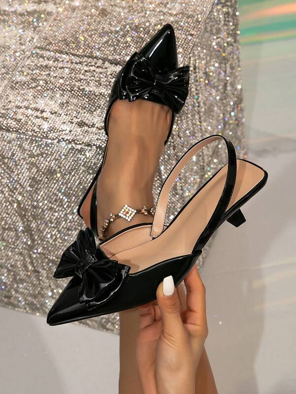 1 par de zapatos de tacón alto de punta fina de piel de imitación de unicolor, para uso diario, zapatos de tacón de gatito con tira trasera para mujer