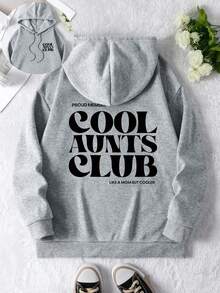 Plus Size Women's Daily "Proud Member Cool Aunts Club Like A Mom But Cooler" Text Pattern Sweatshirt Hooded Long Sleeves Casual Spring/Summer/Fall Women's Plus-Size Long-Sleeved Sweatshirt Halloween Going Out Tops Women, Vacation Outfits Women - Light Grey - View 3